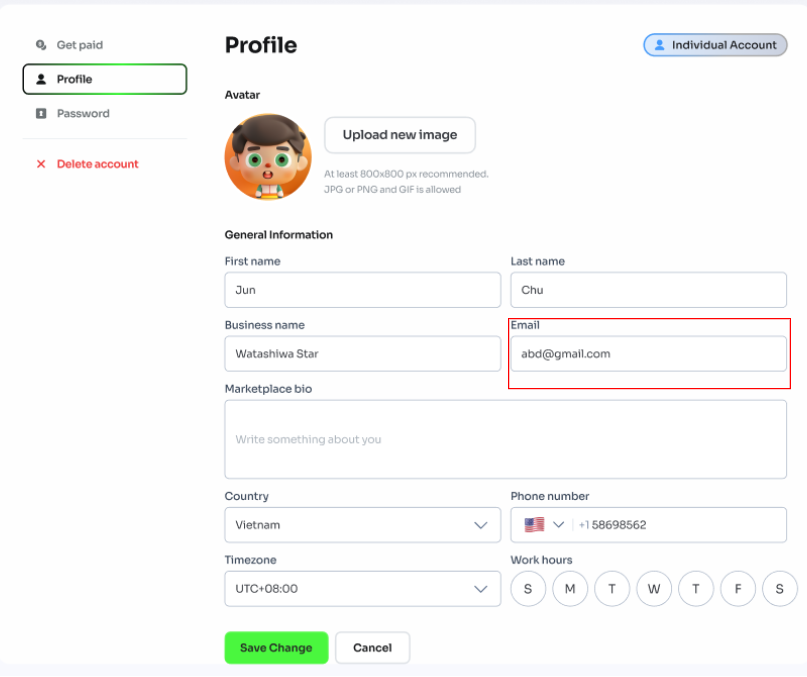 Account information section showing email update field